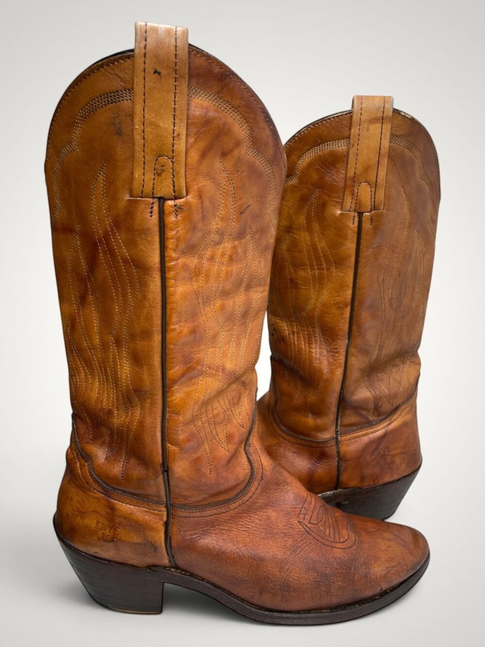 Vintage Frye USA Made Brown Marbled Leather Western Cowboy Boots Men's 10.5 D